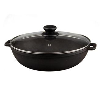 MAYSTERNYA Tigaie WOK din fonta cu manere si capac sticla 26xh6cm + burete sarma