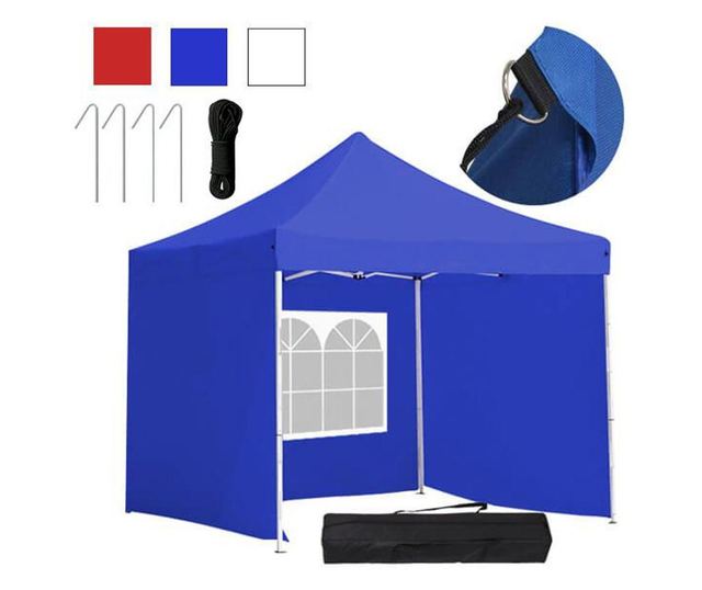 Összecsukható Kerti pavilon, oldalfallal és hordtáskával 2,9x2,9 m, kék