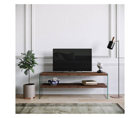 Consola tv dustin,120x35x45 cm,nuc,cadru sticla securizata,polite lemn solid