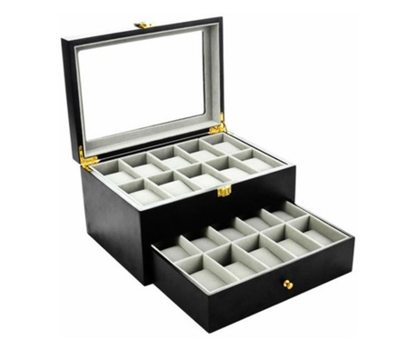 Кутия за съхранение на часовници Pufo Premium, дървена, за 20 часовника, Черен