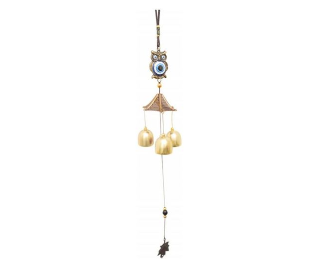 Clopotel de vant cu floare de campanula si 3 clopotei pentru casa sau gradina, model cu bufnita
