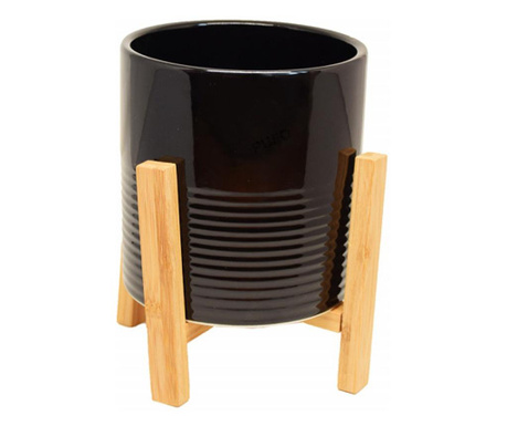 Ghiveci decorativ Pufo Black din ceramica pe suport din lemn, 15 cm