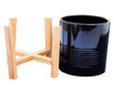 Ghiveci decorativ Pufo Black din ceramica pe suport din lemn, 15 cm
