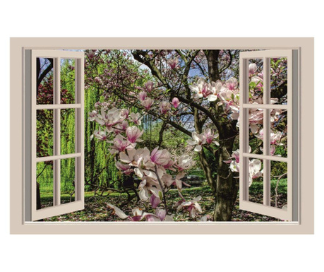 Tablou Canvas,Magnolie inflorita la fereastra, 80 x 50 cm, Rama lemn, Multicolor SUMMER