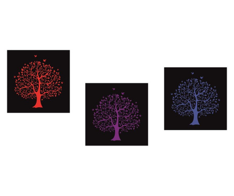 Set 3 tablouri Canvas, Copacul vietii, Rosu, Mov, Albastru, 130 x 45 cm, Rama lemn, Multicolor SUMMER