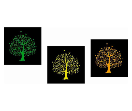 Set 3 tablouri Canvas, Copacul vietii, Verde, Galben, Portocaliu, 130 x 45 cm, Rama lemn, Multicolor SUMMER
