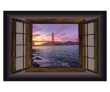 Tablou Canvas,Podul Golden Gate, Fereastra, 90 x 60 cm, Rama lemn, Multicolor SUMMER