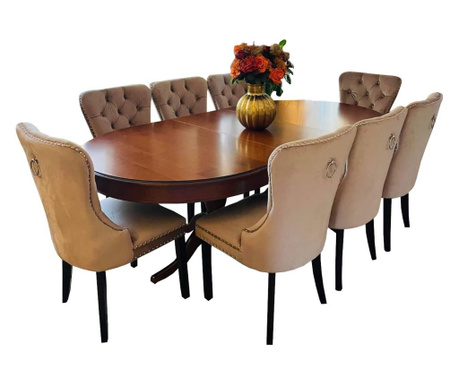 Set masa extensibila cu 8 scaune tapitate, 160-280cm lungime, 100cm latime, maro/bej Lider Furniture, LIDER FURNITURE, lemn masi