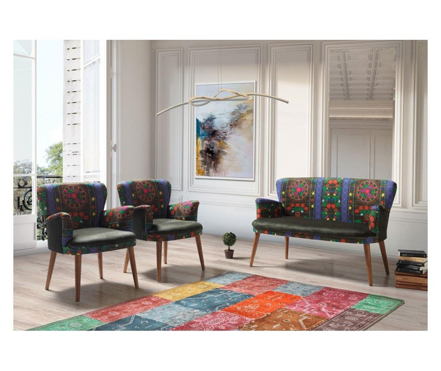 Set canapea 2 locuri si 2 fotolii Pandia Home, Etnik, material tapiterie: poliester, multicolor