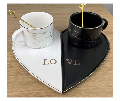 Set Ceasca de cafea 200ml , 2in1, cu farfurie in forma de inima din ceramica, Alb,Negru