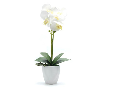 Orhidee artificiala siliconata cu aspect 100% natural in bol de ceramica, 50 cm, Alb
