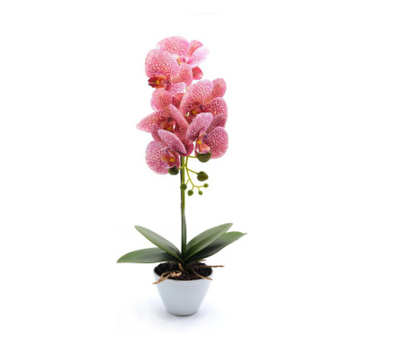 Orhidee artificiala siliconata cu aspect 100% natural in bol de ceramica, 50 cm, Roz cu Alb Tip 2