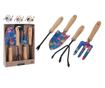 Set 4 unelte gradina, 23.5x5.5x31 cm, corp otel, maner din lemn, negru/natur/albastru