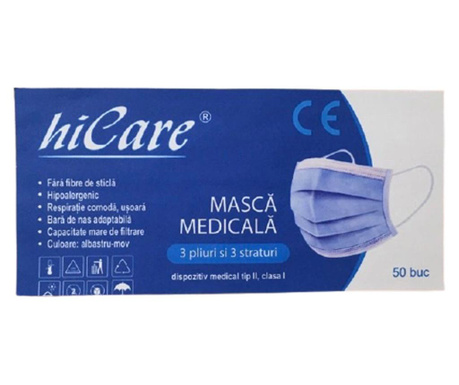Кутия 50 HiCare MEDICAL маски, BFE >99%, произведени в Румъния, 3 слоя, 3 гънки, метален прът, синьо-лилаво