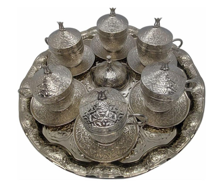 Set 6 cesti cafea turceasca, metalice , argintii cu tava si accesorii servire metalice , Acar 40/40