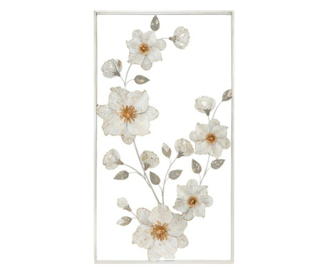 Aranyozott virágos fém fali dekoráció, fehér keretben, törtfehér - PRINTEMPS