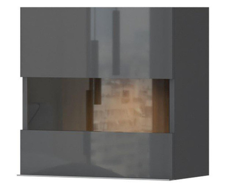 Magasfényű vitrines faliszekrény, 1 polccal, antracit-diófa - BISE