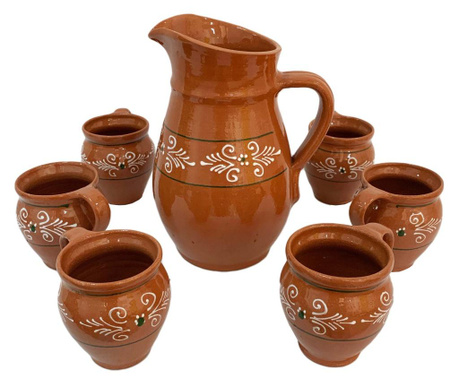 Carafa cu 6 cesti din ceramica de Arges realizate manual, Argcoms, Vin/Apa, Pictura traditionala