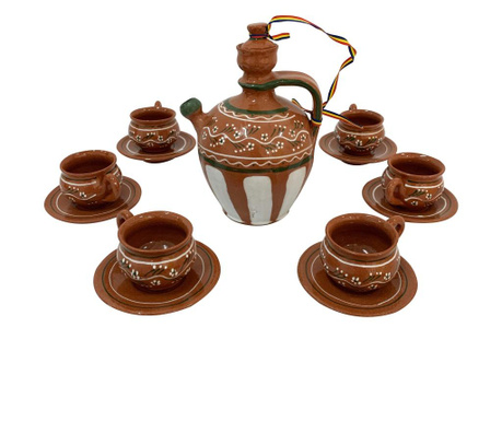 Serviciu cu 6 cesti si farfurii din ceramica de Arges realizat manual, Argcoms, Tuica, Pictura traditionala