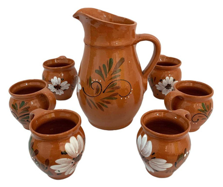 Carafa cu 6 cesti din ceramica de Arges realizate manual, Argcoms, Vin/Apa, Pictura florala