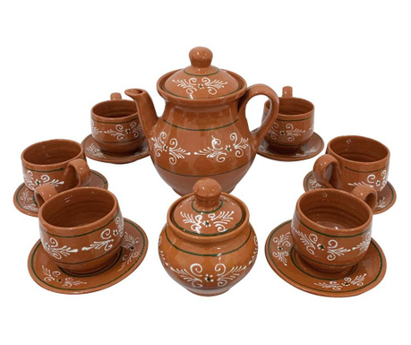 Serviciu cu 6 cesti si farfurii din ceramica de Arges realizat manual, Argcoms, Cafea, Pictura traditionala