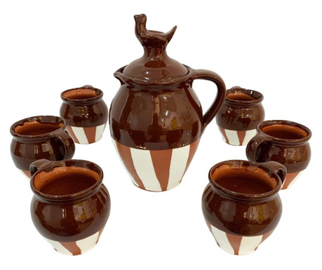 Cana cu 6 cesti din ceramica de Arges realizate manual, Argcoms, Vin, Pictura traditionala, Fond maro