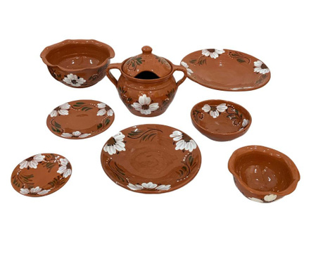 Serviciu de masa pentru 6 persoane din ceramica de Arges realizat manual, Argcoms, 29 bucati/set, Pictura florala