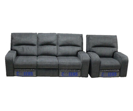 Set Md 5168, canapea 3 locuri cu 2 reclinere manuale si 1 fotoliu cu recliner manual, gri-albastrui