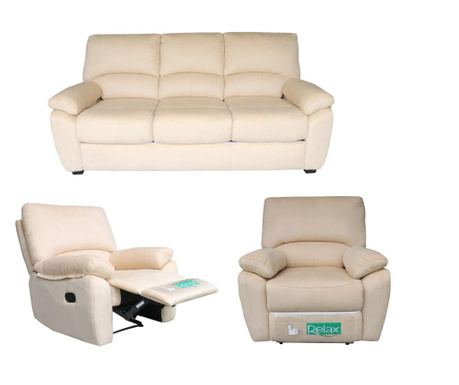 Set canapea 3 loc extensibila si 2 fotolii cu recliner manual, Md.2818, 3B-1R-1R, Microfibra Bej (53-06)