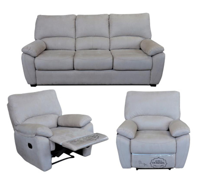 Set canapea 3 locuri extensibila si 2 fotolii cu recliner manual, Model 2818, 3B-1R-1R, Microfibra Bej 04-02