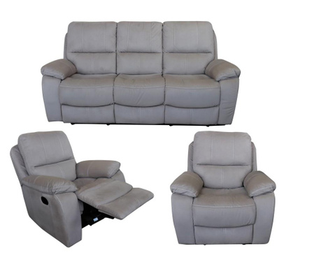 Set Md 5280, canapea 3 locuri cu 2 reclinere manuale si 2 fotolii cu reclinere manuale, stofa poliester, cu finisaj piele de cap