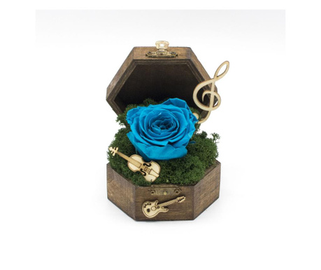 Aranjament floral, Cufar Music Box, Trandafir Criogenat Albastru Marin, Decoriada