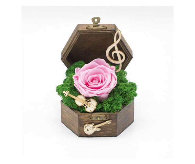 Aranjament floral, Cufar Music Box, Trandafir Criogenat Roz, Decoriada