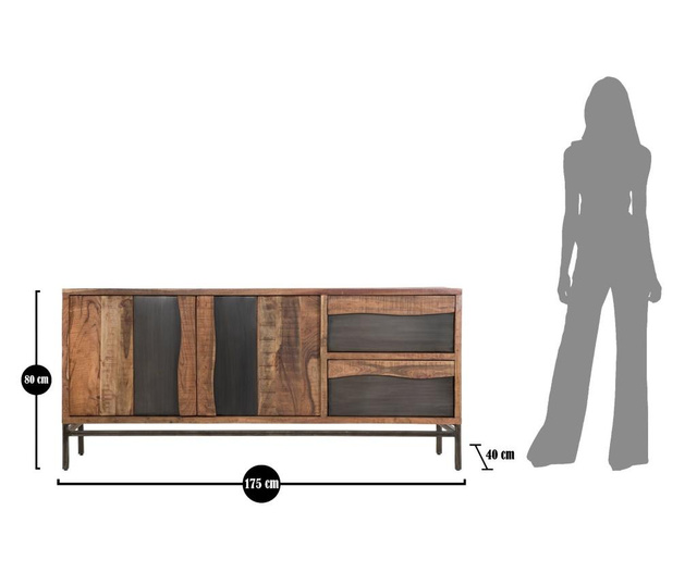 Bufet inferior Mauro Ferretti, Industrial, lemn de salcam, 175x80x80 cm, maro/negru