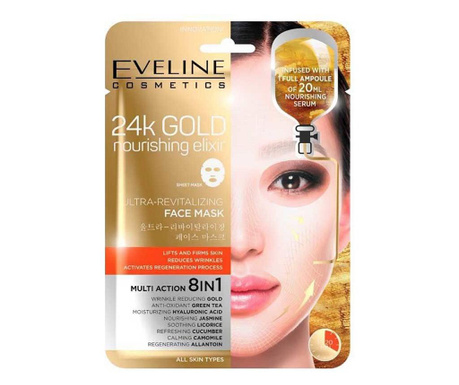 Masca de fata servetel, Eveline Cosmetics, 24K GOLD ultra-revitalizanta, 8 in1, 1 bucata