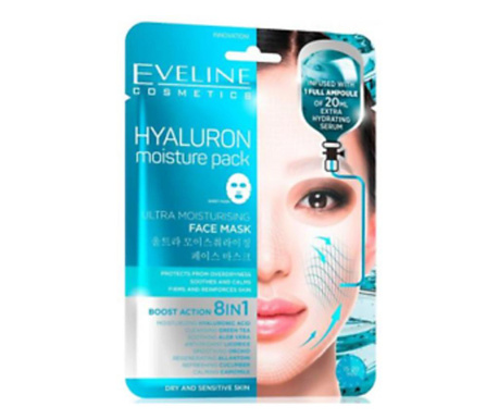 Masca de fata servetel, Eveline Cosmetics, Hyaluron Ultra-Moisturising, 8in1, 1 bucata