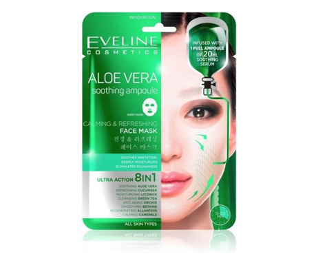 Masca de fata servetel, Eveline Cosmetics, Aloe Vera Calming & Refreshing 8 in 1, 1 bucata