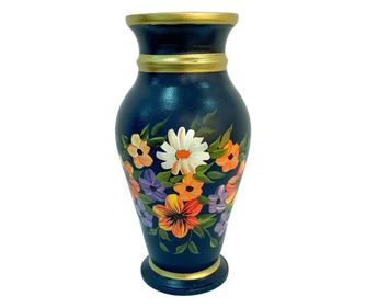 Vaza din ceramica de Arges realizata manual, Argcoms, H30, Silueta clasica (2), 3 inele, Pictura florala, Albastru