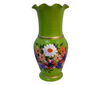 Vaza din ceramica de Arges realizata manual, Argcoms, H30, Silueta cu onduleuri (3), 2 inele, Pictura florala, Verde