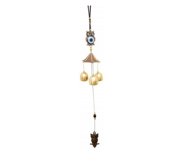 Clopotel de vant cu floare de campanula si 3 clopotei pentru casa sau gradina, model cu bufnite