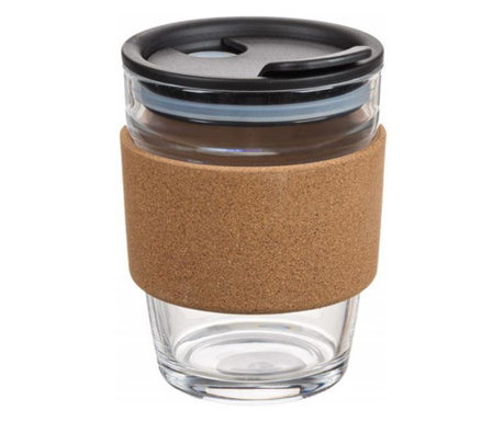 Чаша за пътуване Стъклен пуф с термозащита от корк за кафе или чай, 300 ml, прозрачен