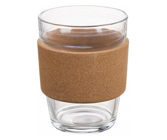 Cana de voiaj Pufo din sticla cu protectie termica de pluta pentru cafea sau ceai, 300 ml, transparent