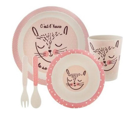 Детски комплект за хранене Secret de Gourmet, Pink Kitty, Бамбук, 5 части, Розов