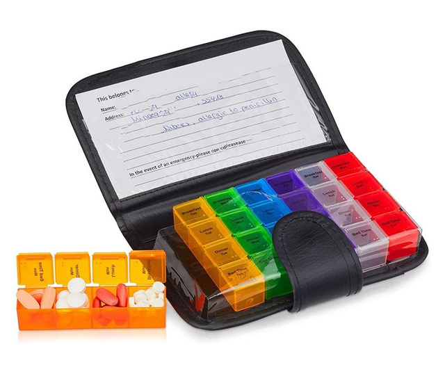Cutie pastile, organizator medicamente, Quasar & Co., 7 zile, recipiente detasabile cu 4 compartimente, multicolor