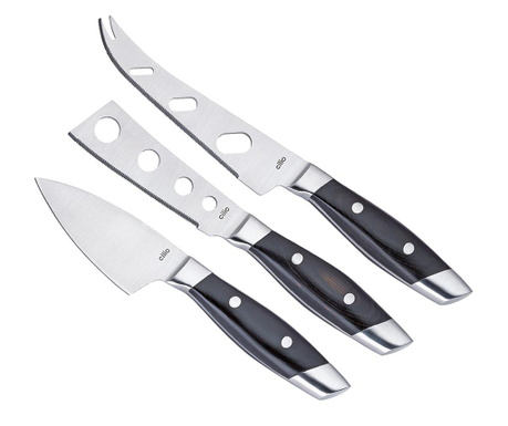Ножове за сирена CILIO FORTINA, Комплект 3 броя, Pakkawood дръжки, Нож за двърди сирена, Нож за меки сирена, Нож за пармезан , L