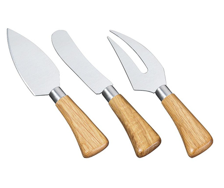 Ножове за сирена CILIO FORMAGGIO, Комплект 3 броя, Дъбови дръжки, Нож за пармезан, Нож за размазни сирена, Вилица за сирена, L15