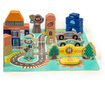 Blocuri din lemn cu covoras tip puzzle Blue City, 161 elemente