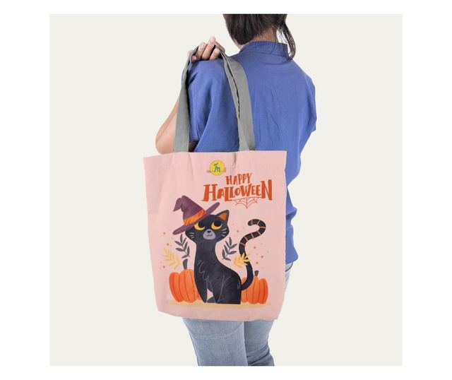 Geanta Handmade Tote Basic, Mulewear, Halloween Pisica Vrajitoarei,  Multicolor, 43x37 cm