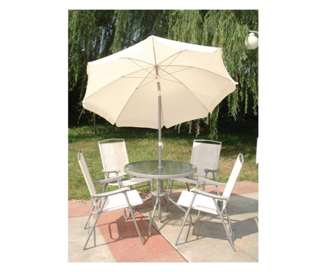 Set masa + 4 scaune + umbrela cream,gri/crem,cadru metalic,blat sticla securizata 5 mm