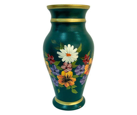 Vaza din ceramica de Arges realizata manual, Argcoms, H30, Silueta clasica (2), 3 inele, Pictura florala, Verde